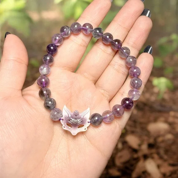 Fluorite Bracelet | 8mm Purple Blue Green Fluorite | Mother of Pearl Fox Charm - Picture 1 of 6